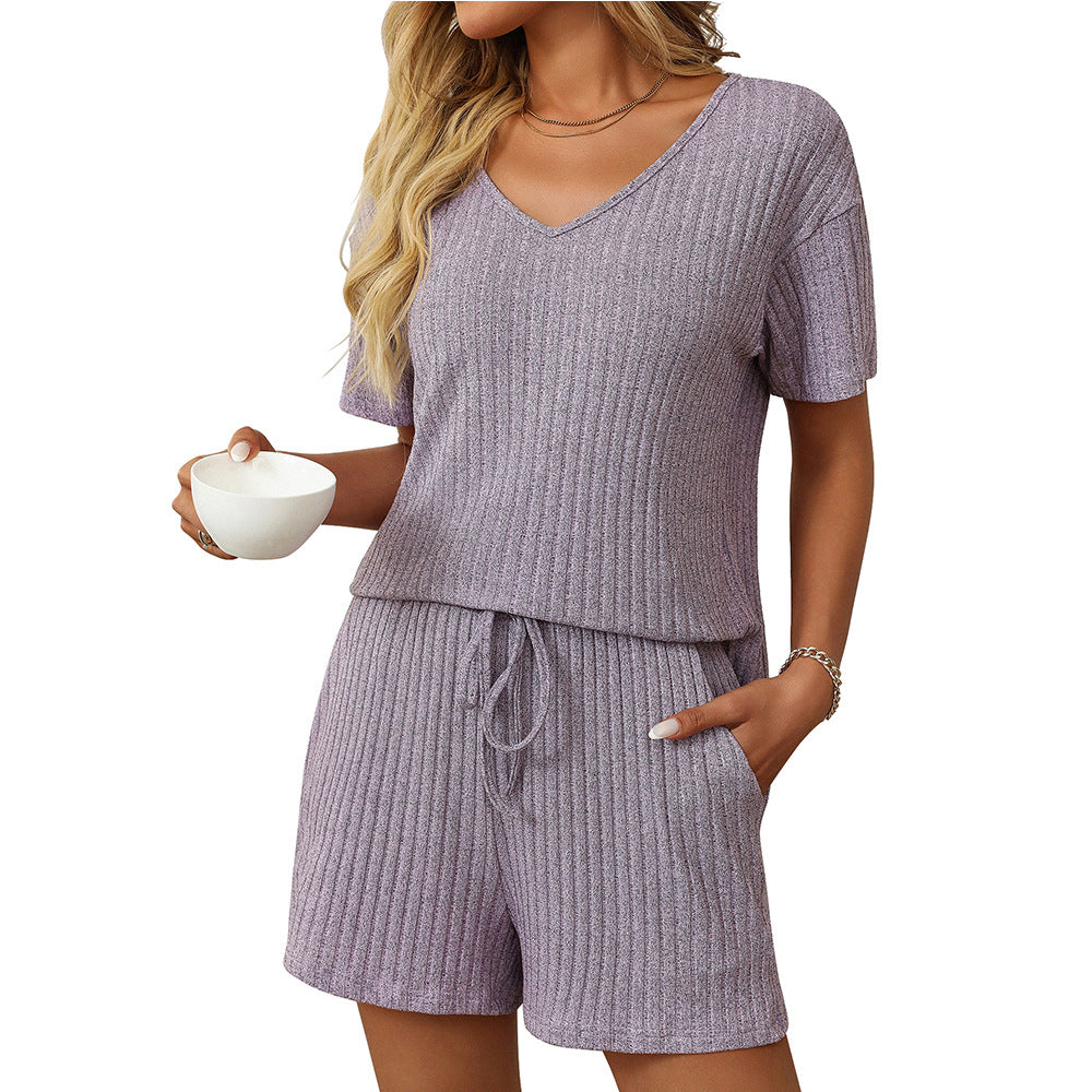 Solid Color Pit Strip Pajamas Short-sleeved Loungewear Set