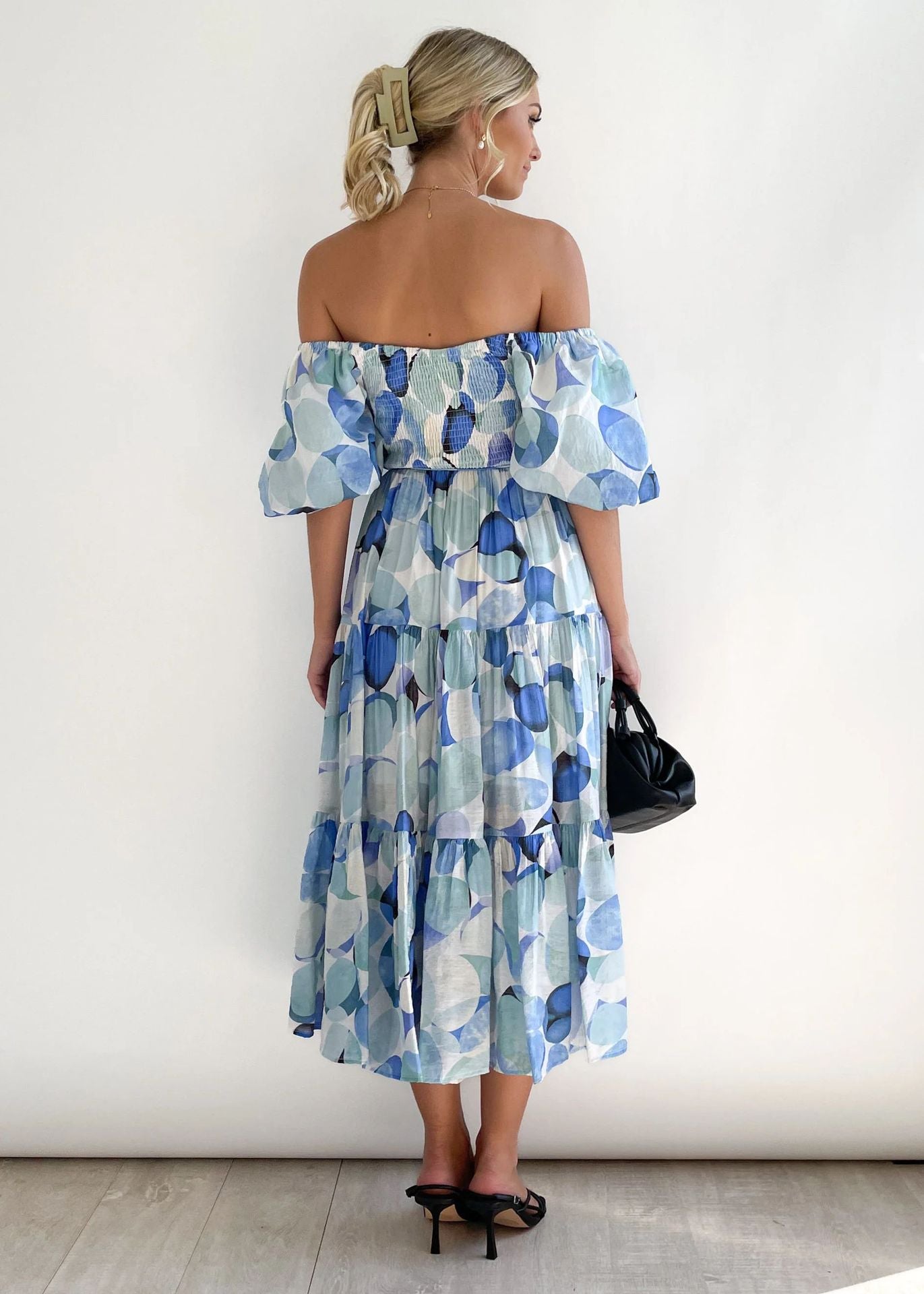Women Bubble Sleeve Holiday Skinny Long Dress High Waist Shoulder Print Dress