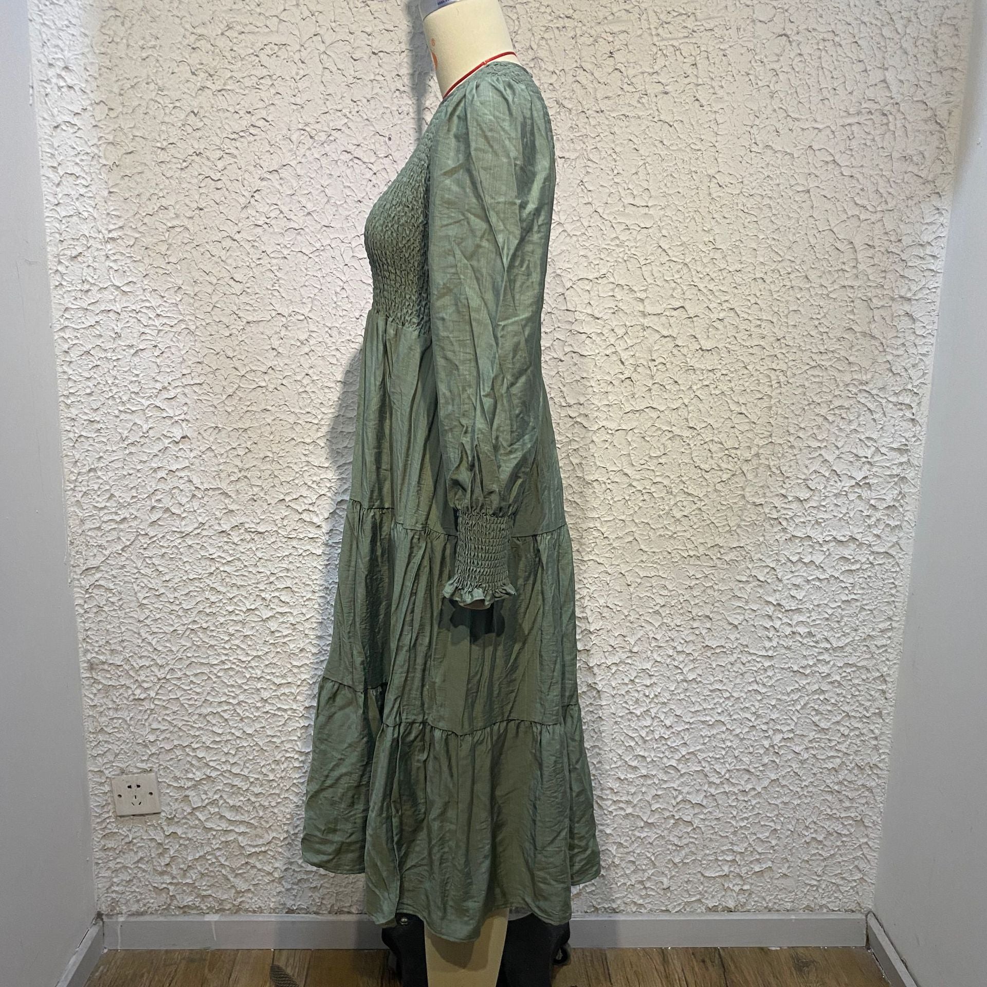 Women Vintage Crew Neck High Waist Roller Dress Lantern Sleeves