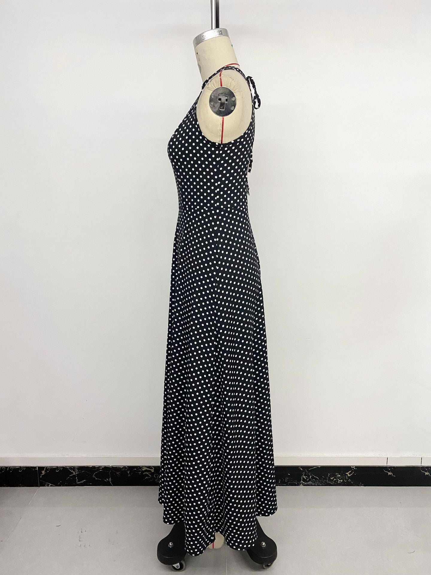 Long Dress Sleeveless Waist Strap Halter Polka Dot Dress