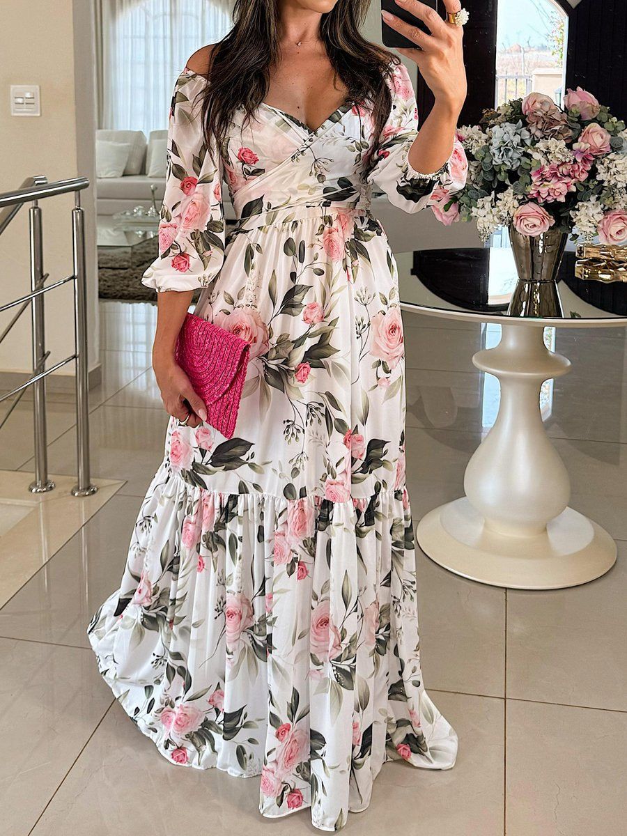 Women V-Neck Printed Lace-Up Dress Long Dress