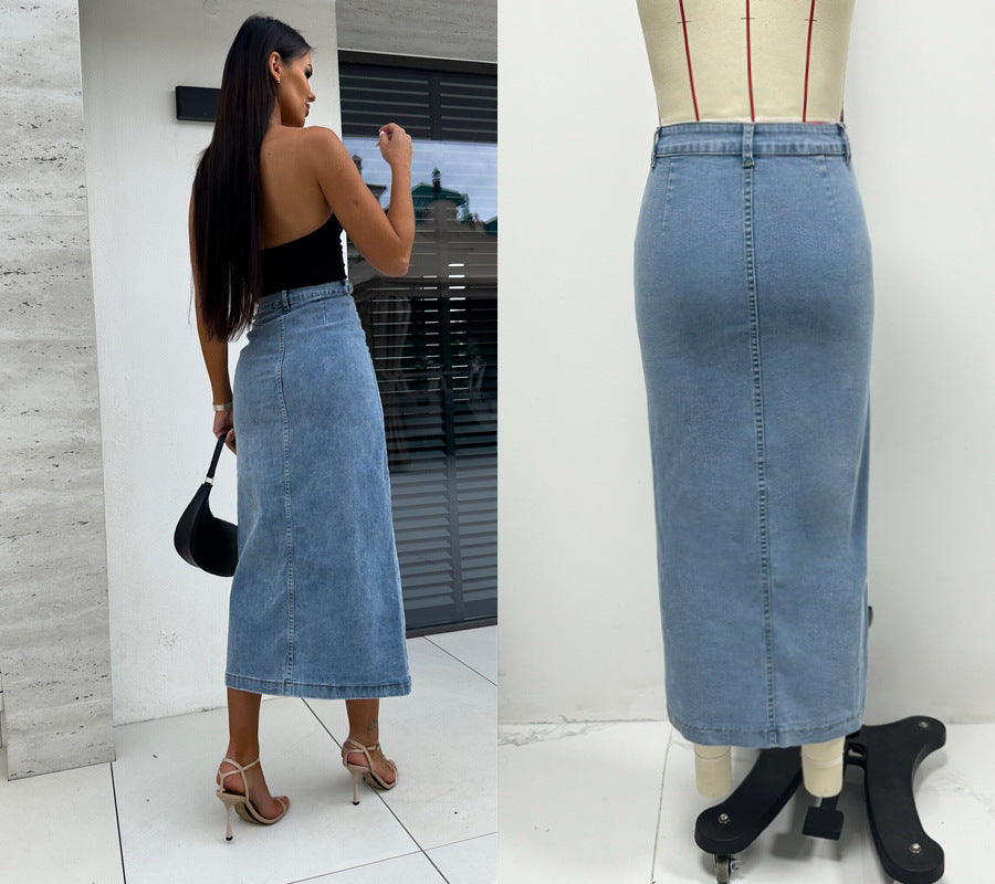 Women's Button Irregularly Split Denim Skirt
