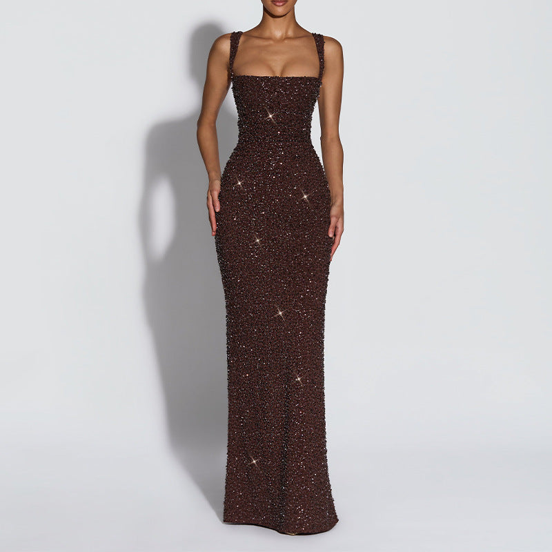 Women Elegant Sexy Square Neck Sequin Slim Fit Dress