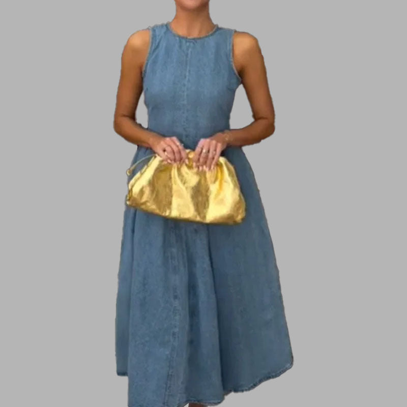 Women's Fashion Solid Color Crew Neck Waist Dress