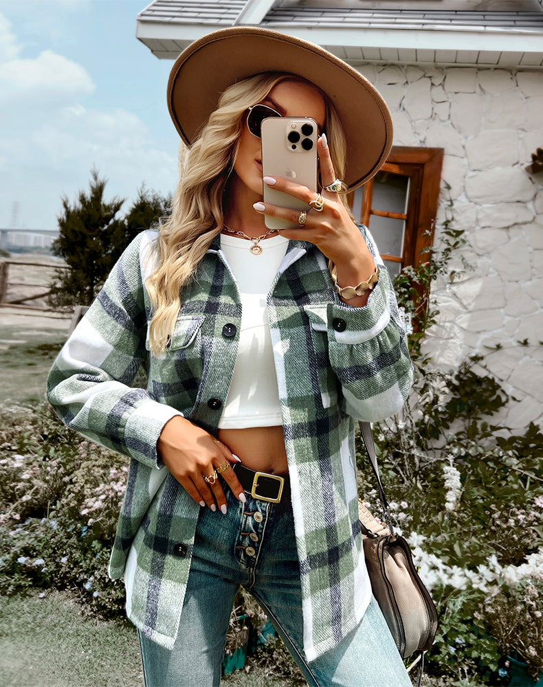 Plaid Jacket Long-sleeved Shirt Casual Top Women