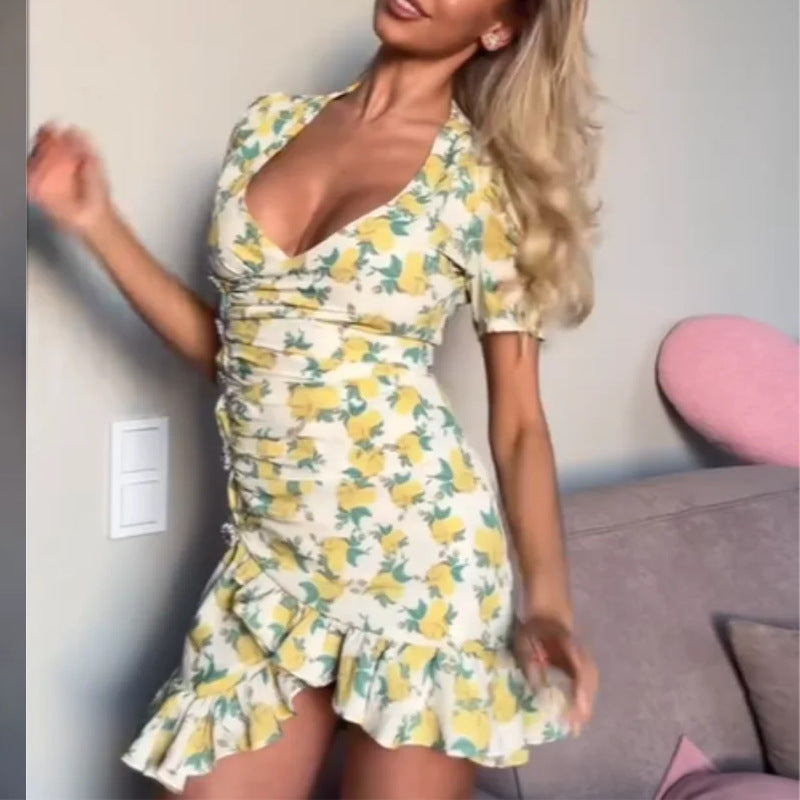 Women V Collar Print Ruffle Dress