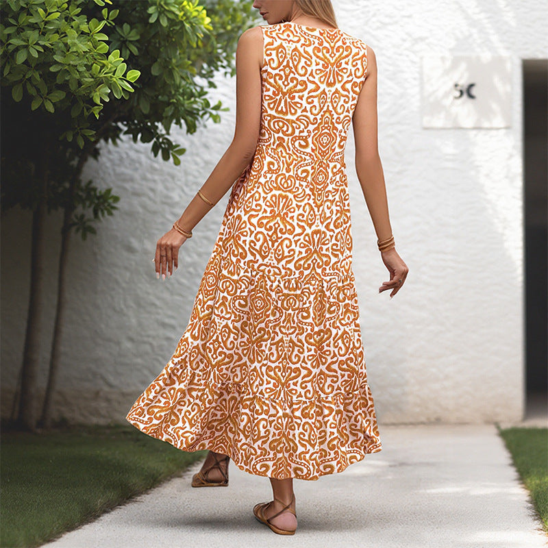 Women Sleeveless V-neck Print Dress