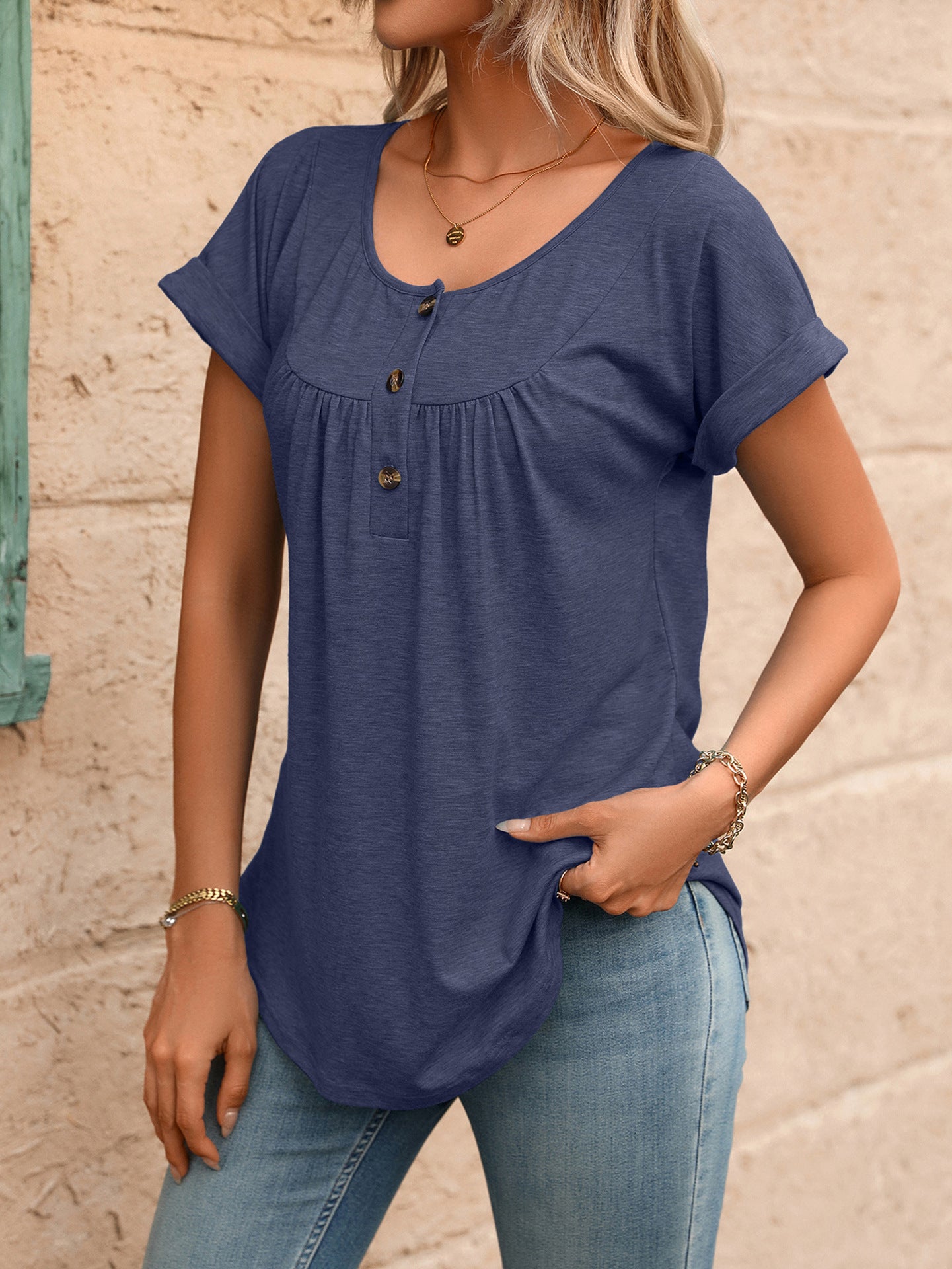 Women Solid Color Crew Neck Button Short Sleeve T-Shirt