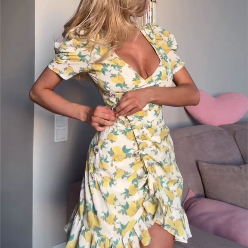 Women V Collar Print Ruffle Dress