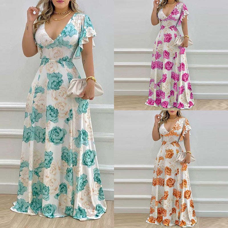 Women's Elegant V-neck Slim-fitting Flower Print Dress