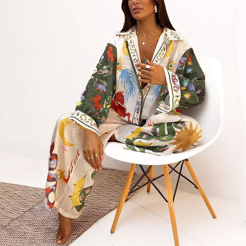 Casual Printed V-Neck Shirt Wide Leg Pants Fashion Suit