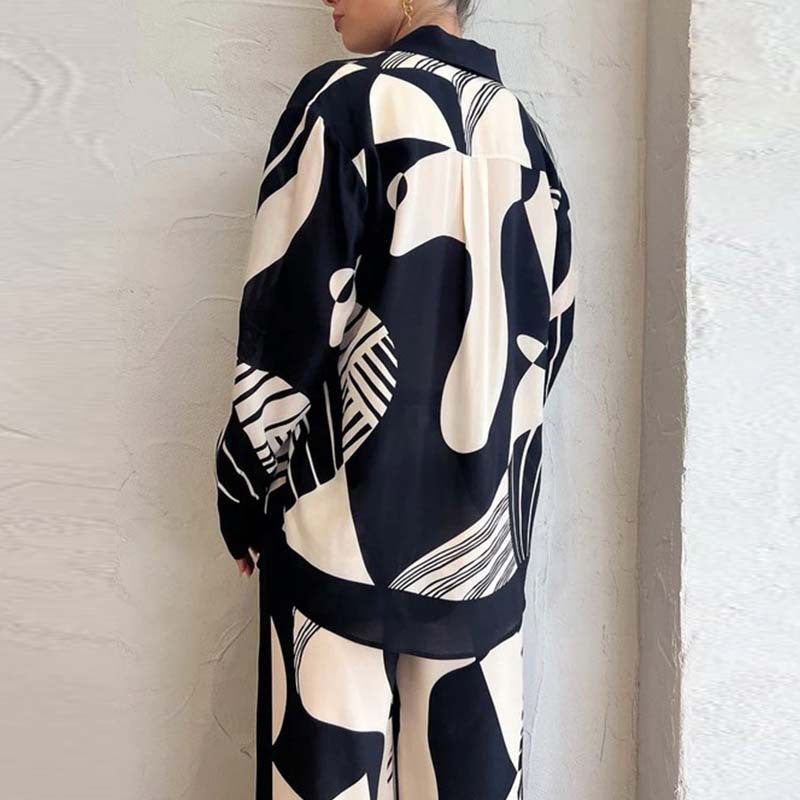 Women's Printed Button Blouse Pants Set