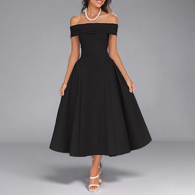 Women Casual Elegant Solid Color Off-Shoulder Dress Long Dress