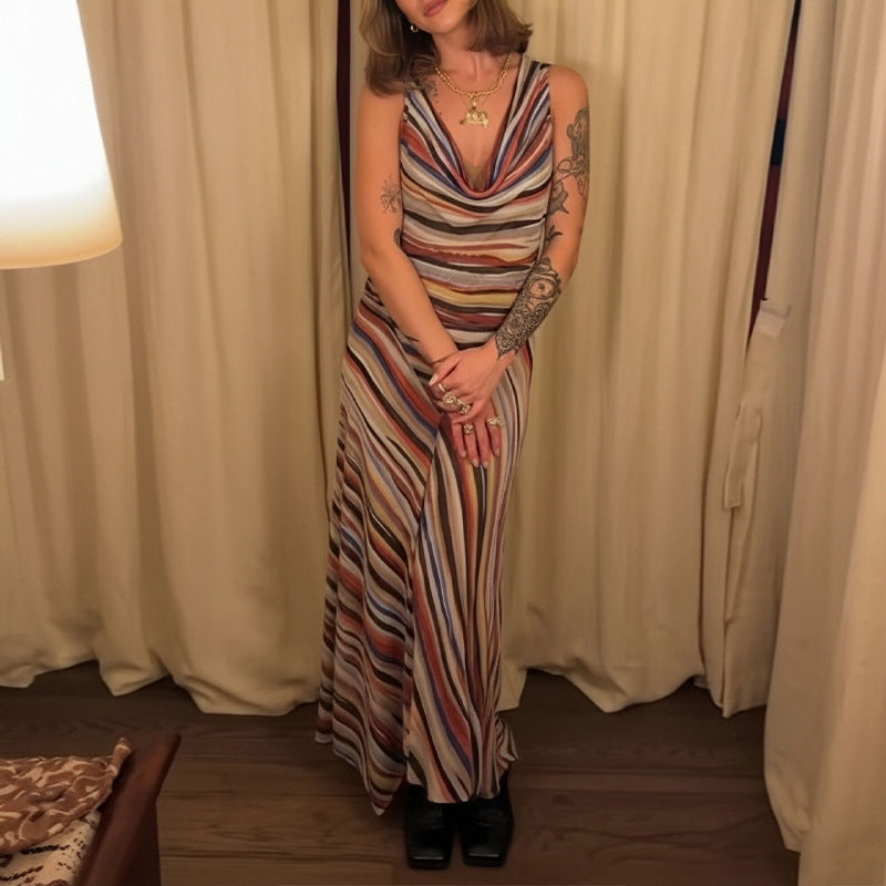Women Color Striped Sleeveless Dress