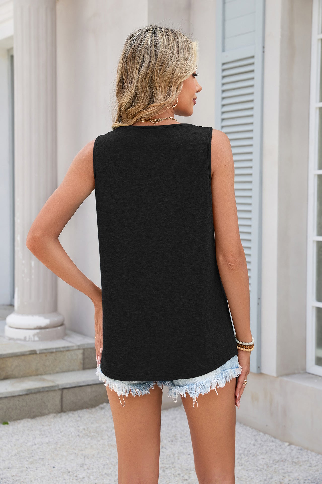 Women Solid Color V-Neck Lace Loose Sleeveless Vest T-Shirt Top