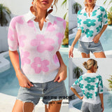 Lapel Flower Print Short Sleeve T-Shirt Top