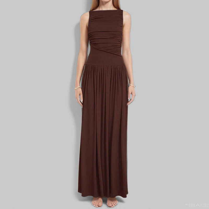 Women Solid Color Pleated Waist Dress Long Dress