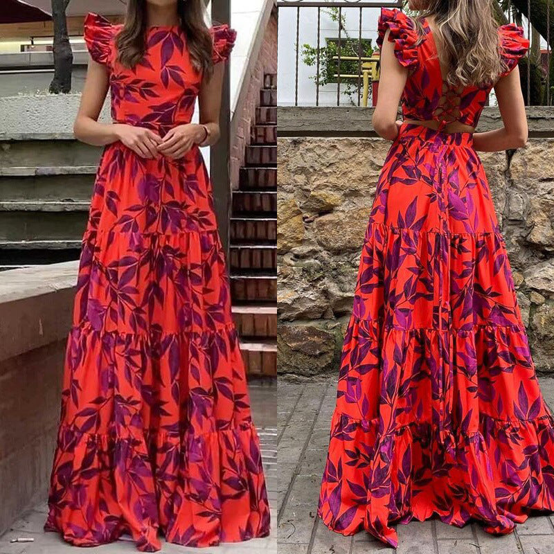 Womens Lotus Leaf Sleeve Print Long Dress