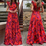 Womens Lotus Leaf Sleeve Print Long Dress