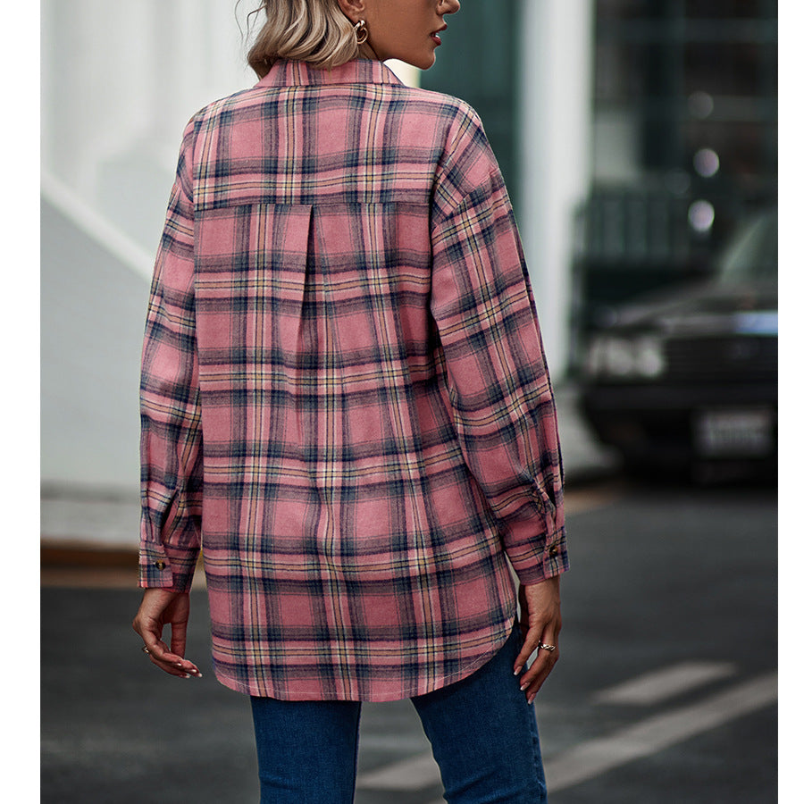 Ladies Casual Loose Boyfriend Plaid Shirt