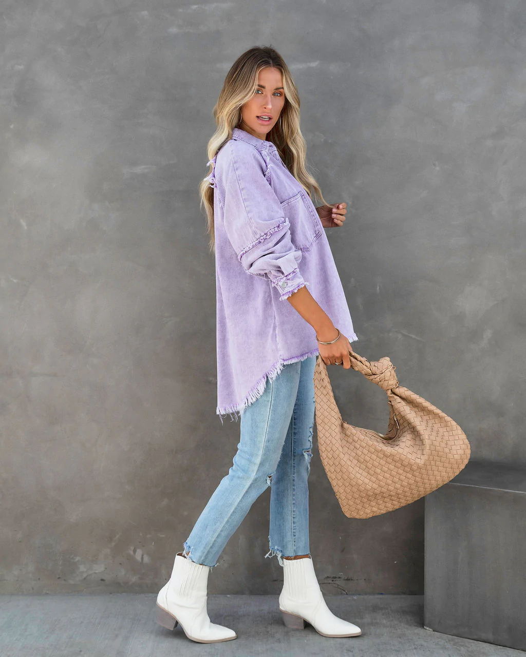 Womens Casual Fringed Ripped Loose Denim Jacket