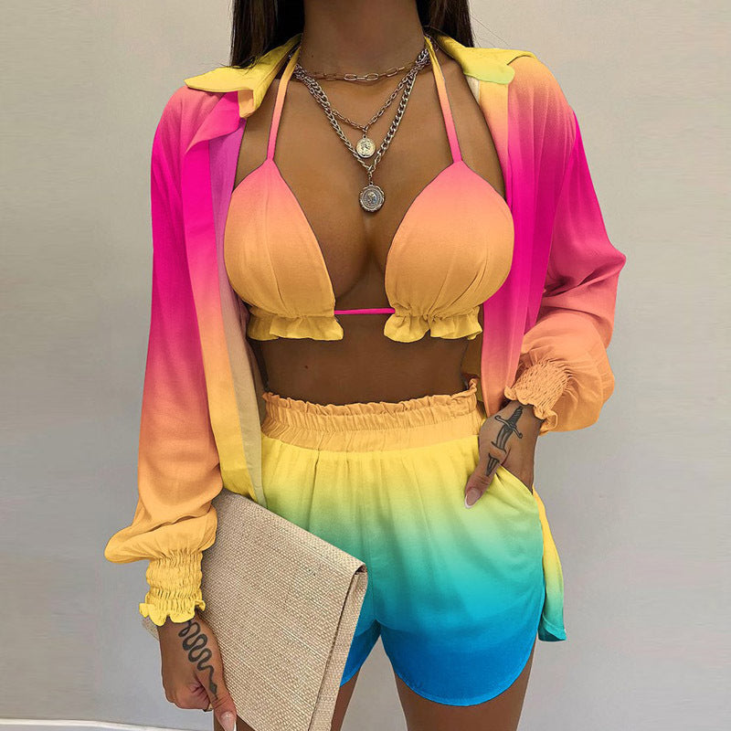 Sexy Beach Vacation Style Printed Shorts Three-piece Set