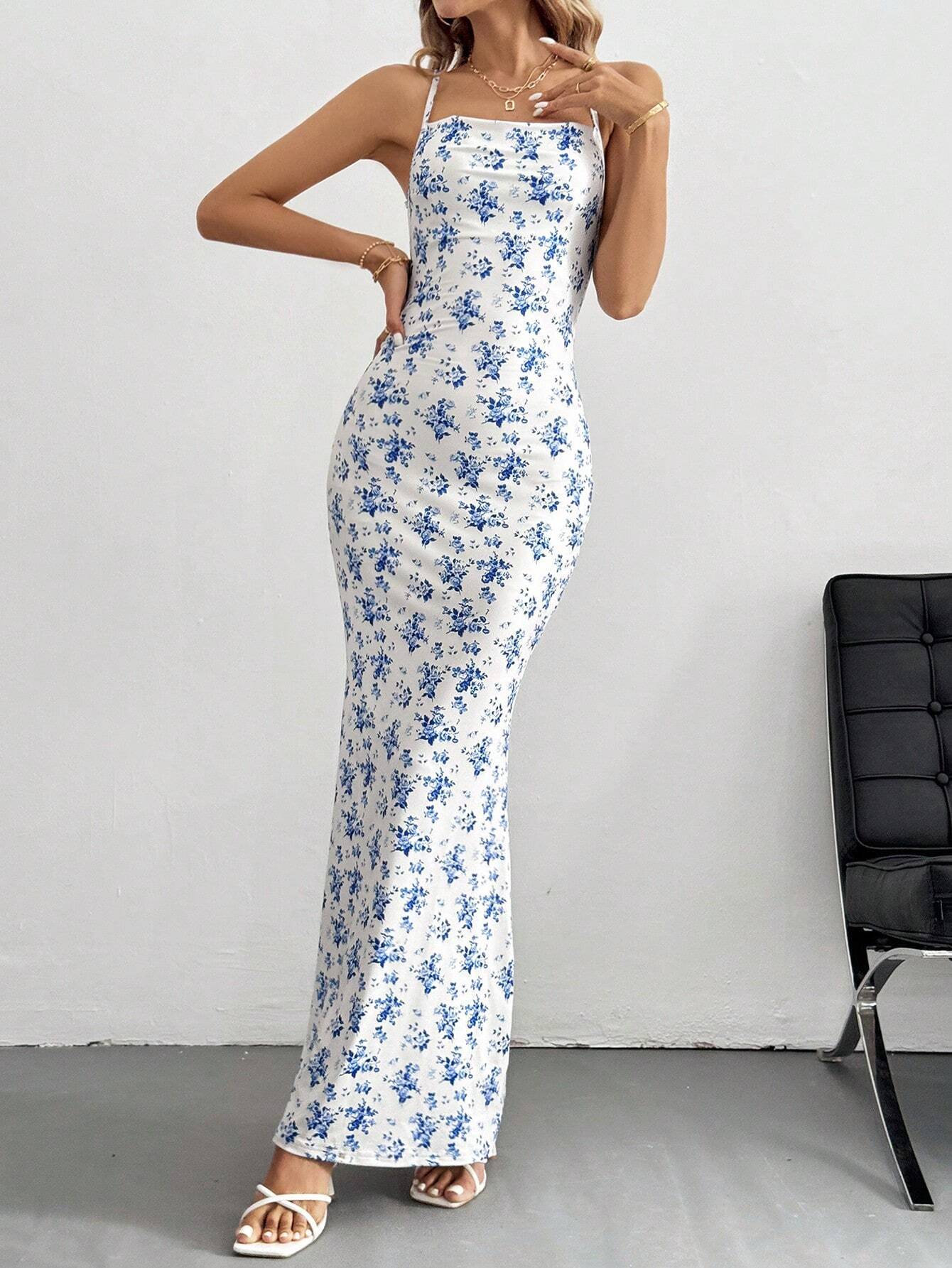 Womens Summer Backless Floral Holiday Dress