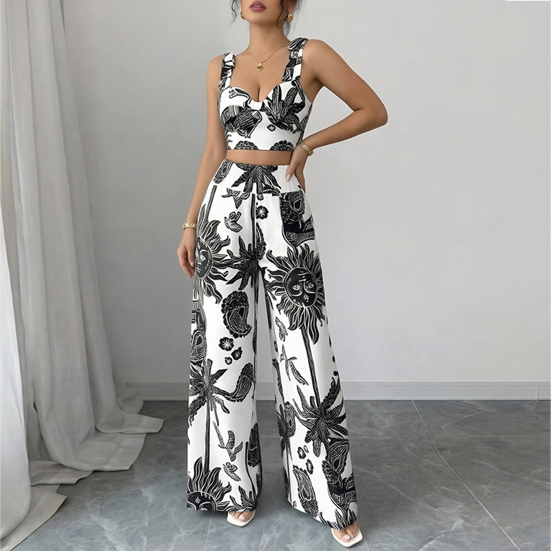 Womens Casual Vacation Plant Printed Tank Top Wide Leg Pants Set