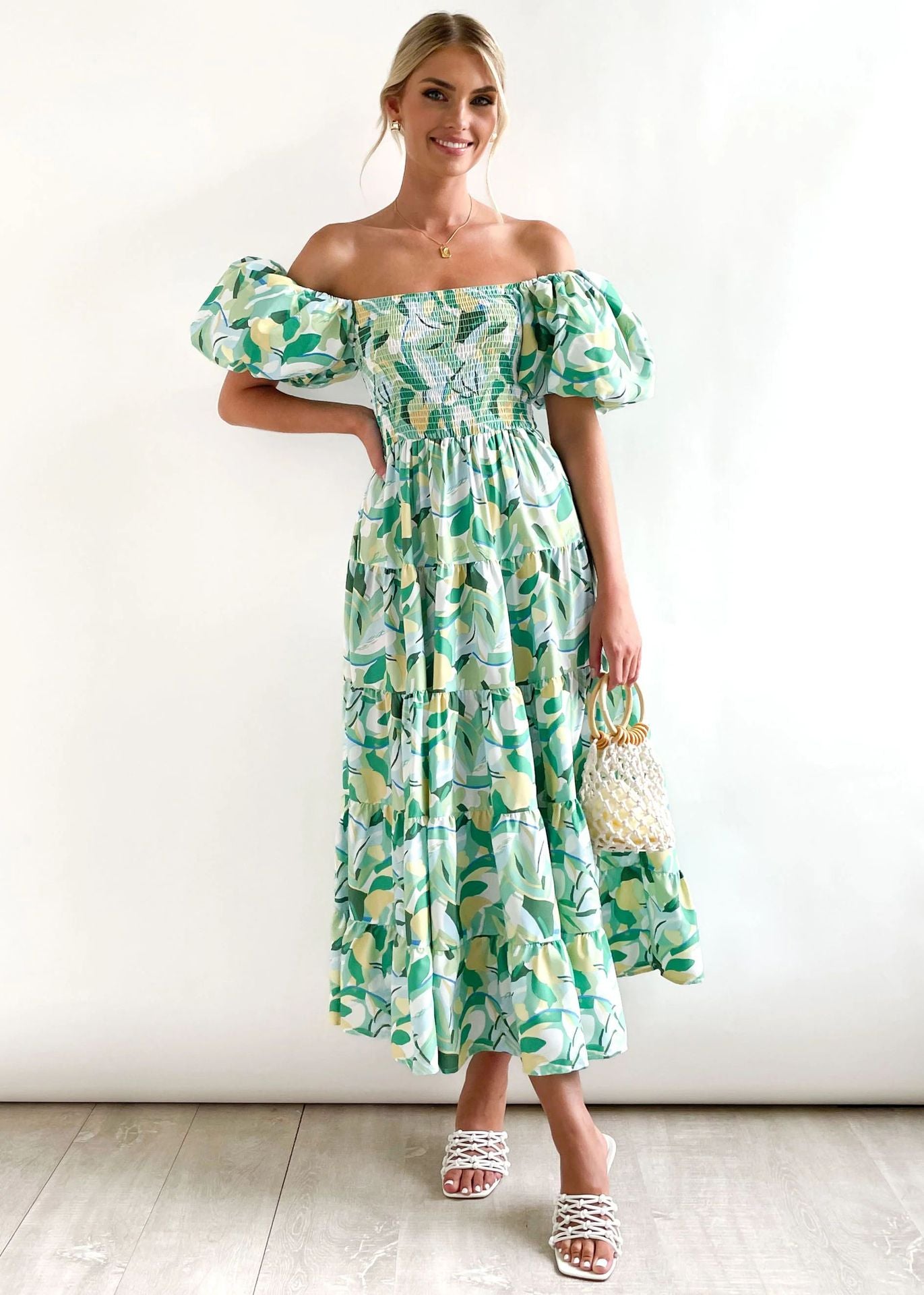 Women Bubble Sleeve Holiday Skinny Long Dress High Waist Shoulder Print Dress