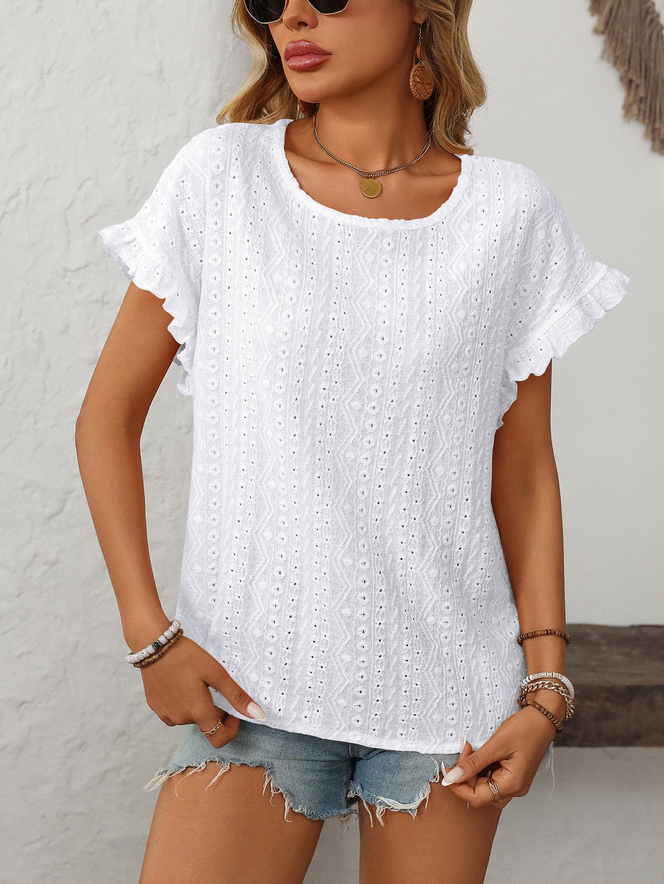Solid Color Crew Neck Sweet Short-sleeved T-shirt Hollow Top