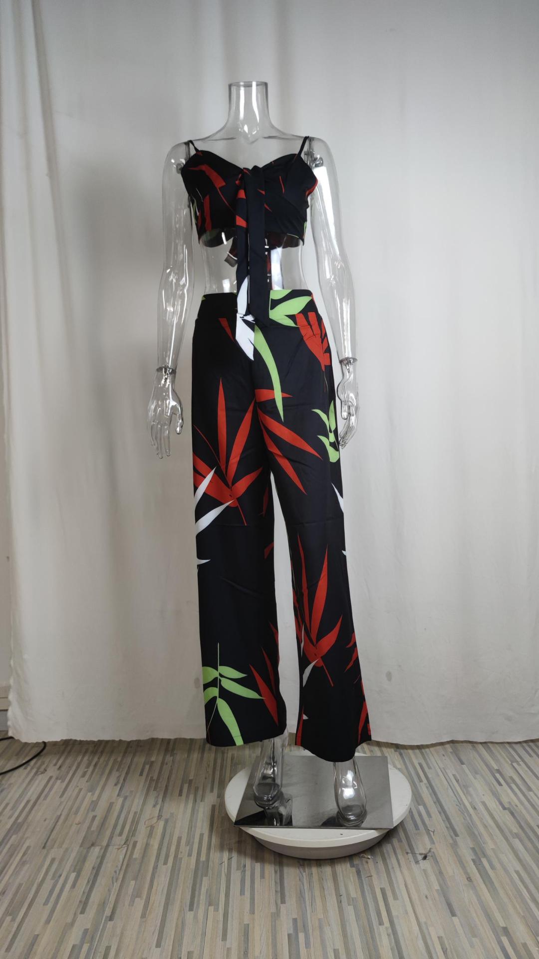 Sexy V-Neck Printed Tank Top Wide Leg Pants Set