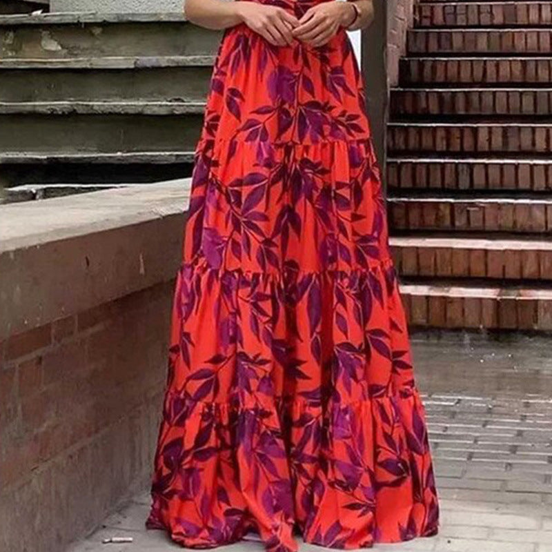 Womens Lotus Leaf Sleeve Print Long Dress