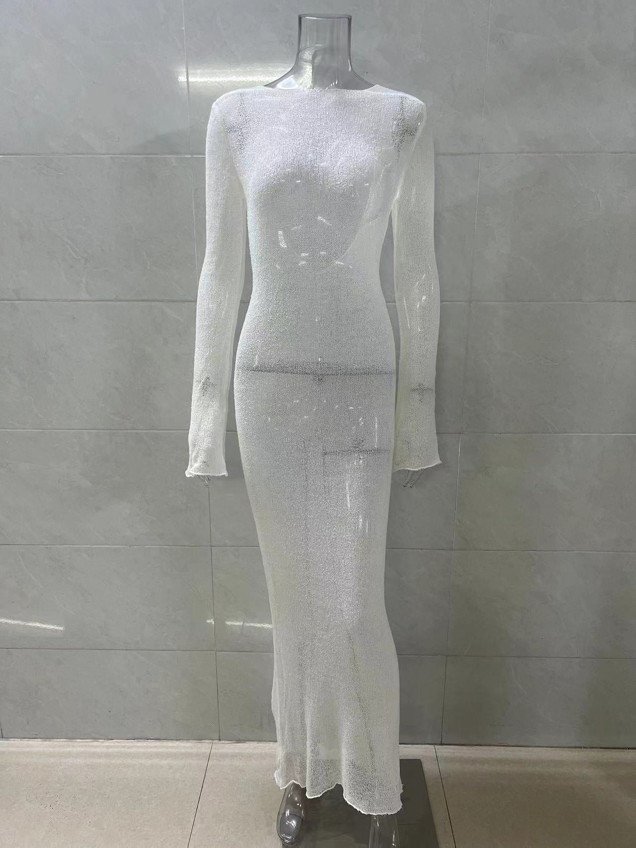 Sexy Backless Solid Color Knitted Dress Cover Up