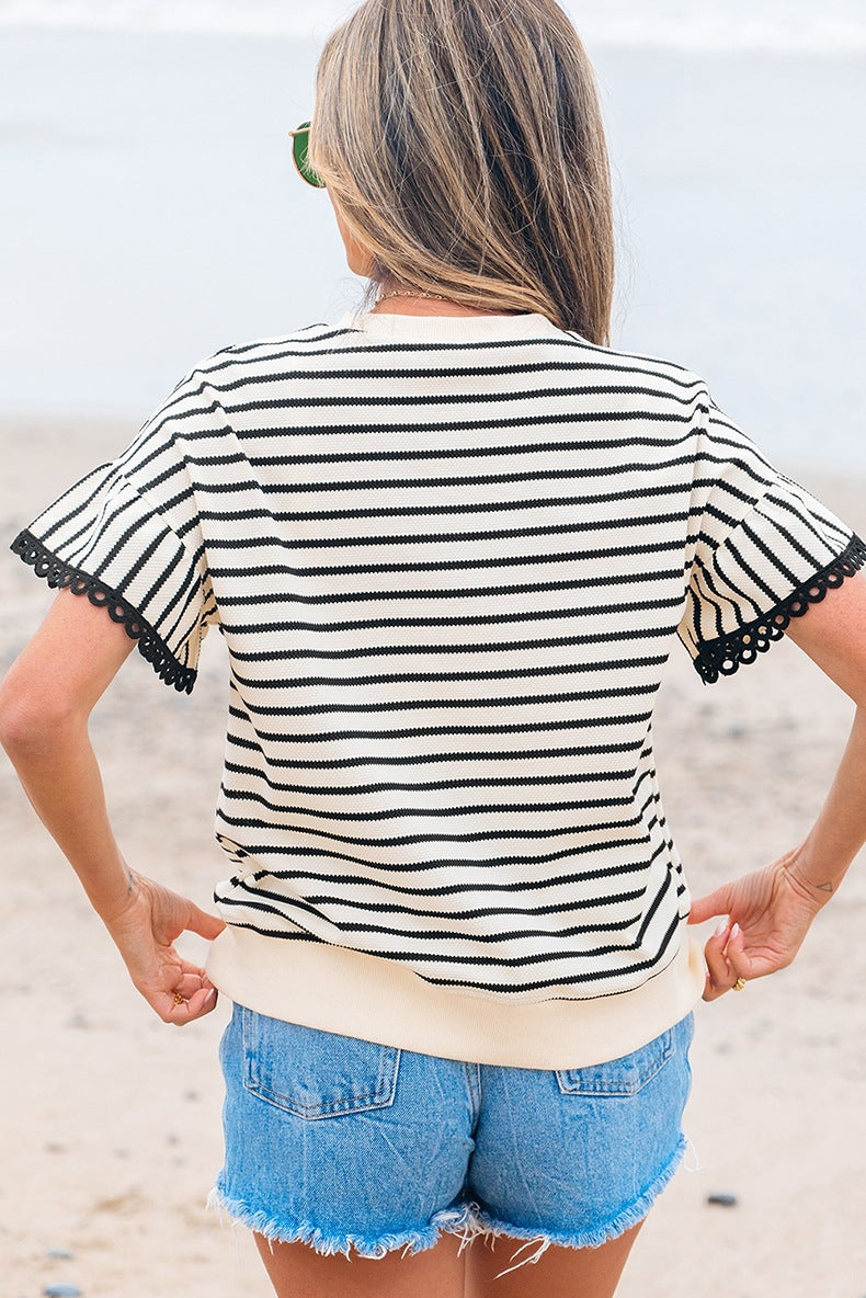 Womens Short Sleeve T-Shirt Striped Crew Neck Pullover