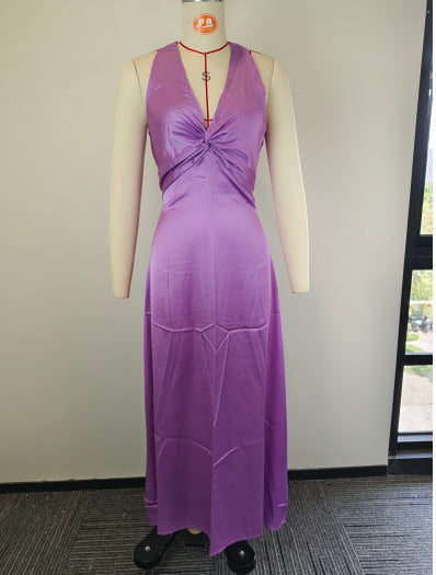 Women's Elegant Sexy Solid Color V-neck Pleated Slim Dress