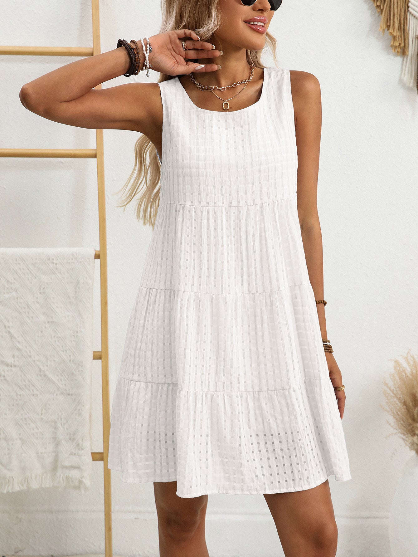 Women's Loose Casual Flowing Sleeveless Plaid Dress