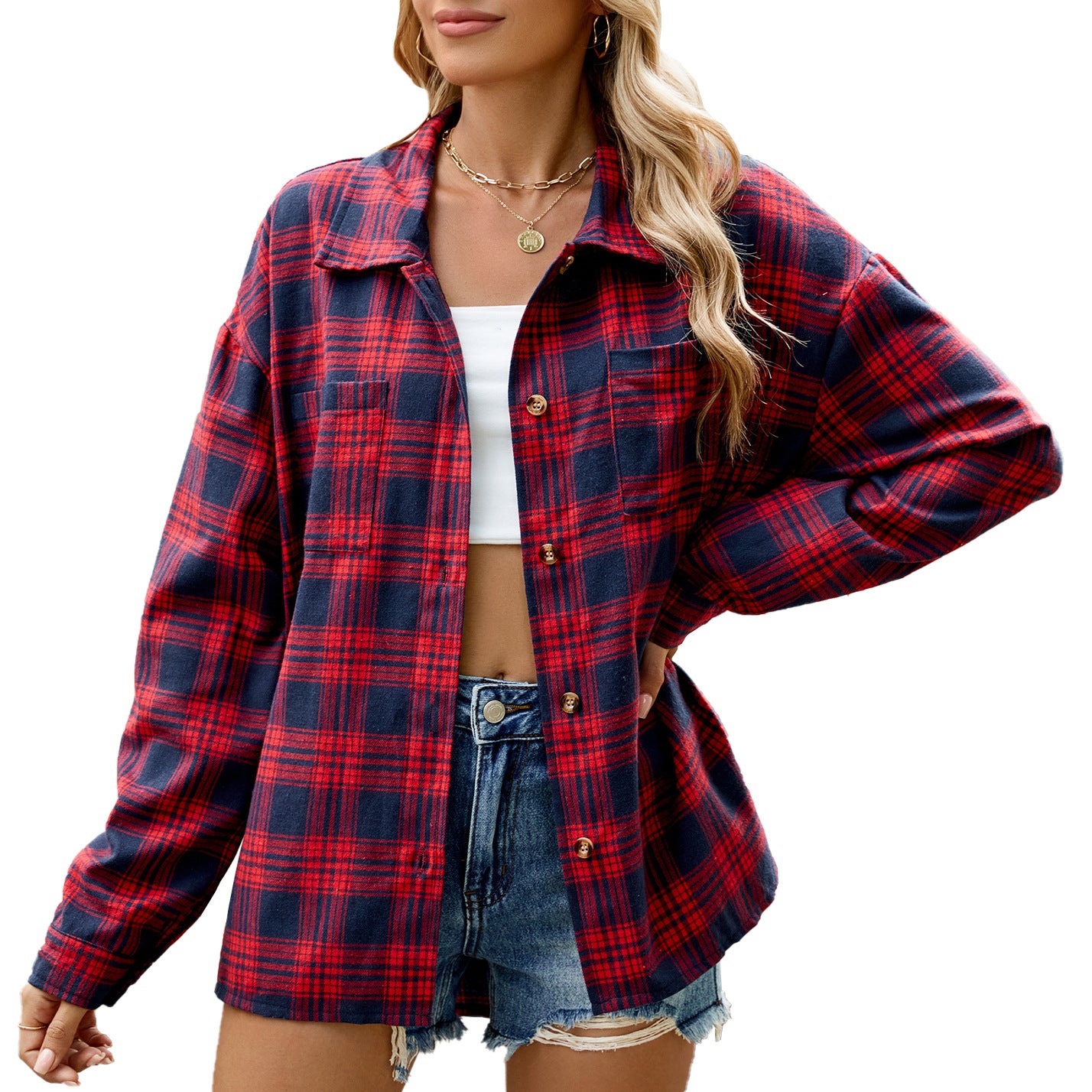 Lapel Long Sleeve Pocket Button Plaid Shirt Top Women