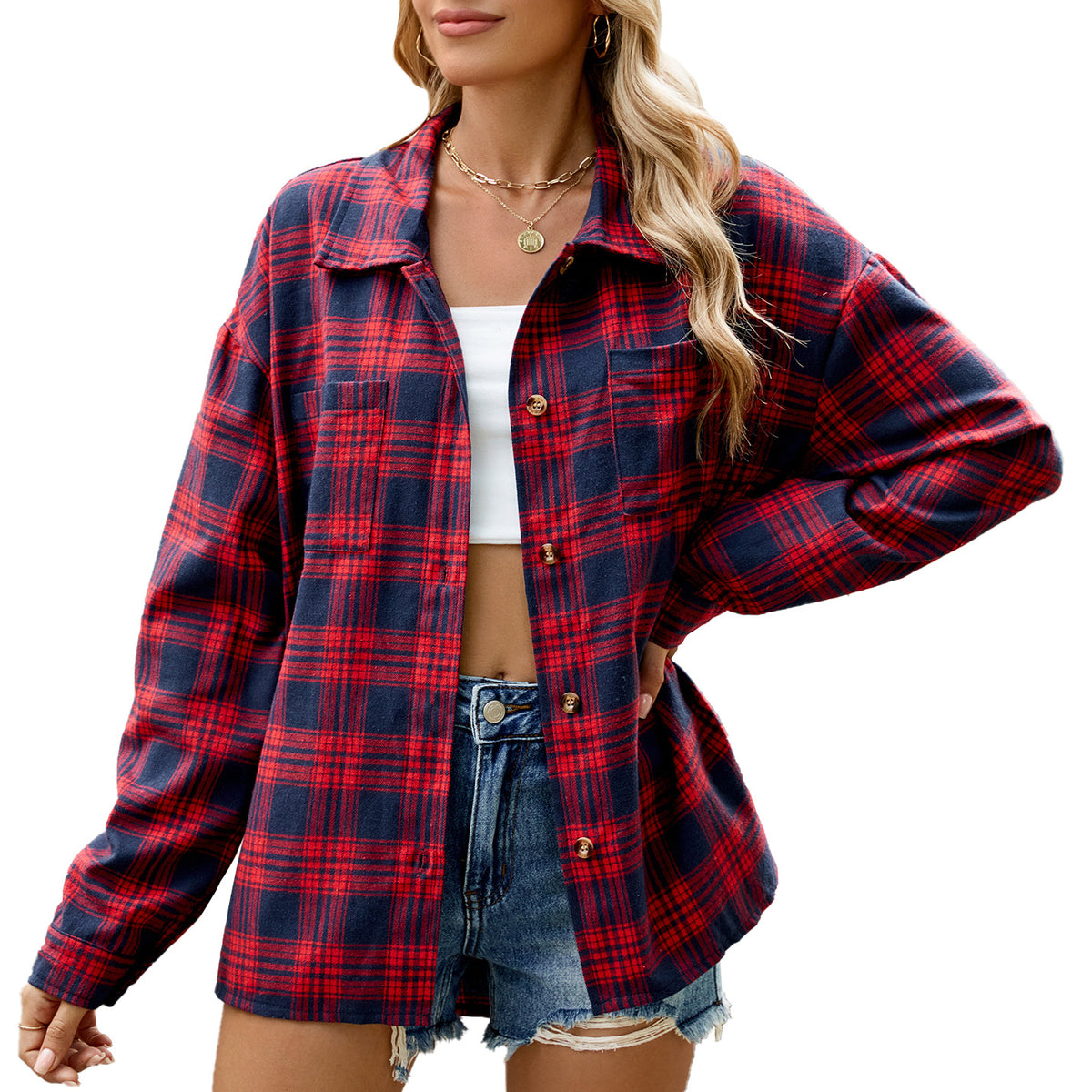 Lapel Long Sleeve Pocket Button Plaid Shirt Top Women