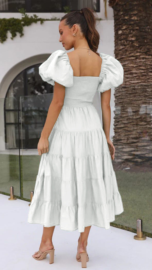 Women Bubble Sleeve Holiday Skinny Long Dress High Waist Shoulder Print Dress