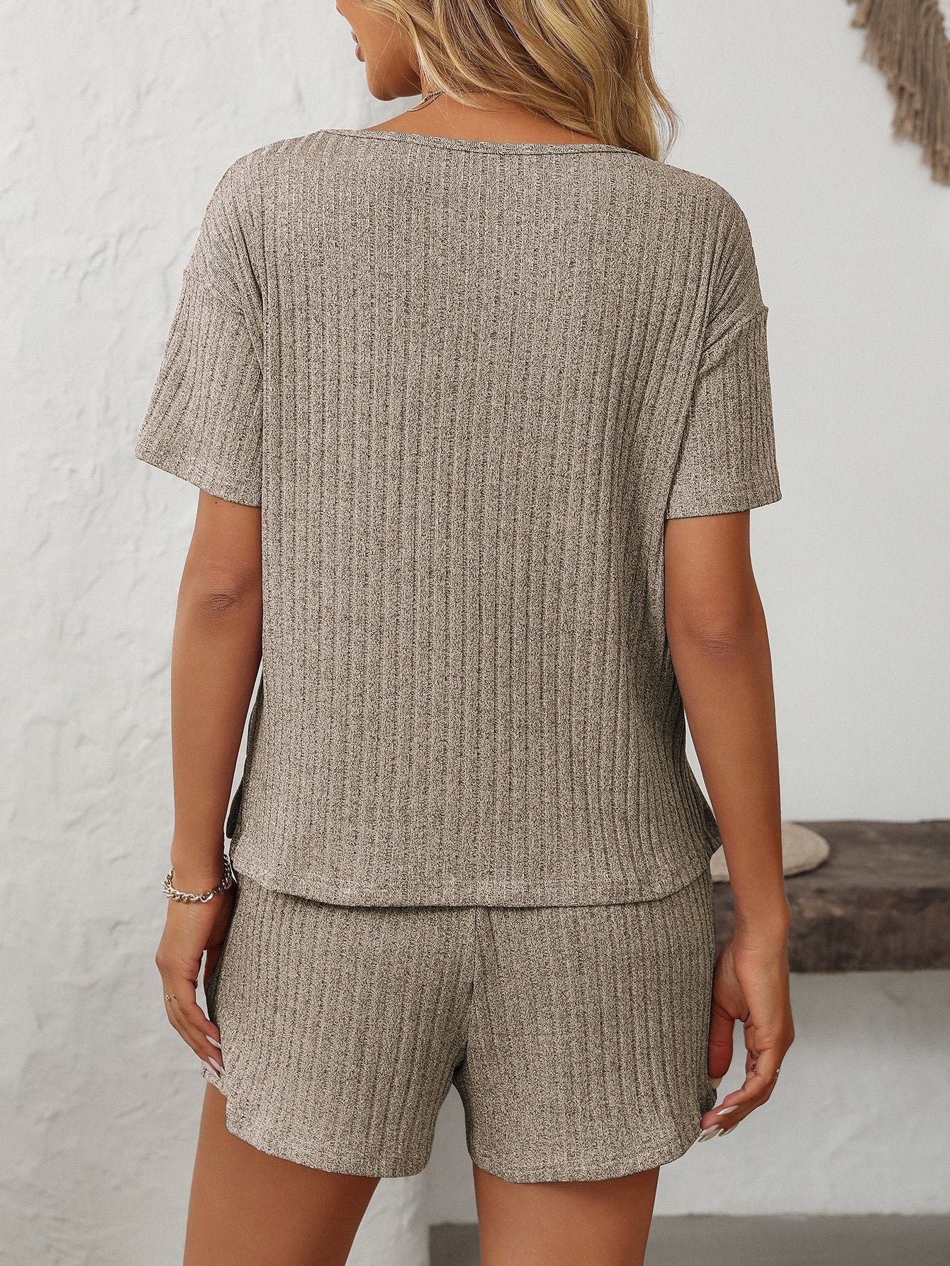 Solid Color Pit Strip Pajamas Short-sleeved Loungewear Set