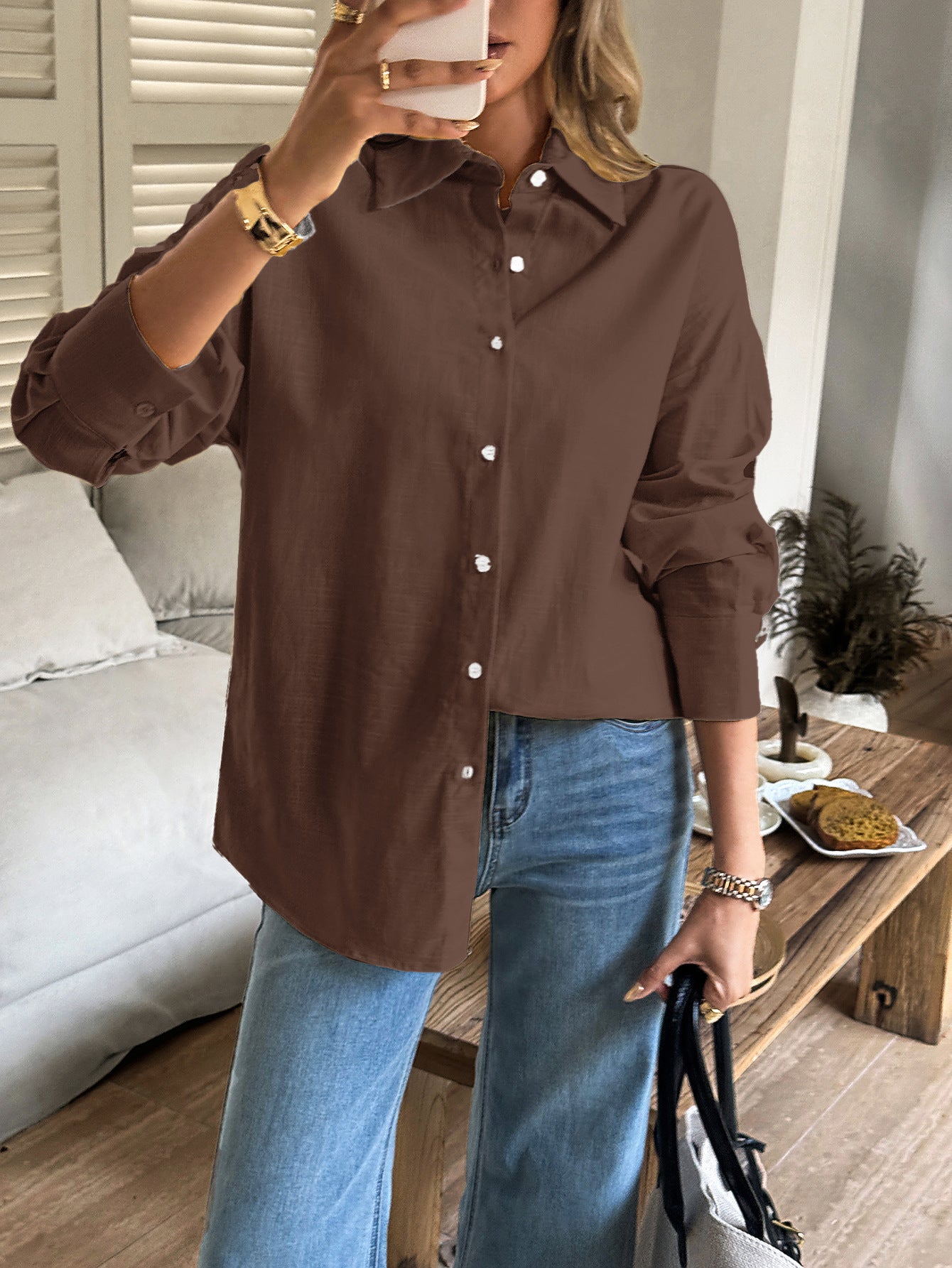 Women's Solid Button V-Neck Long Sleeve Women's Long Sleeve Blouse