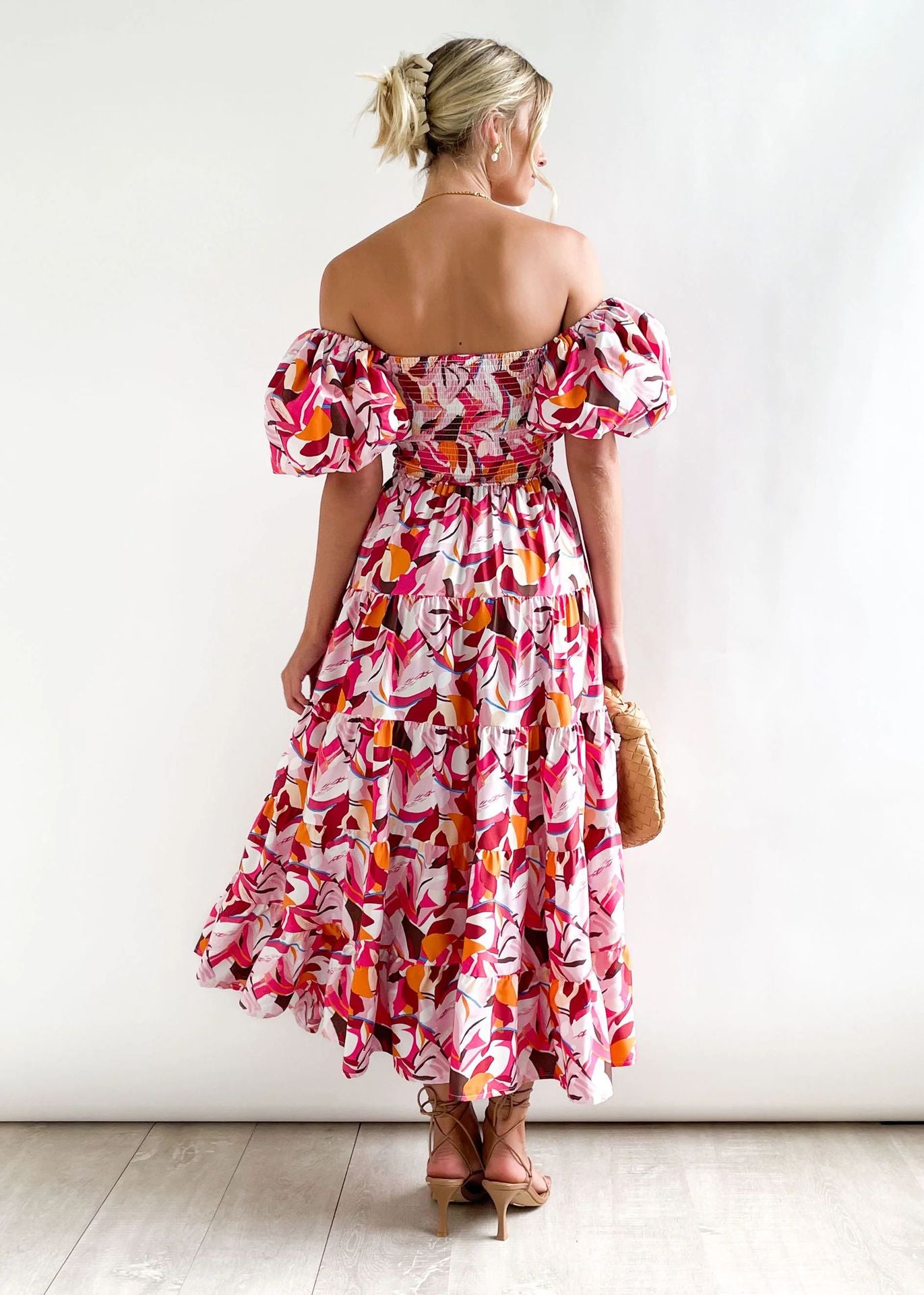 Women Bubble Sleeve Holiday Skinny Long Dress High Waist Shoulder Print Dress