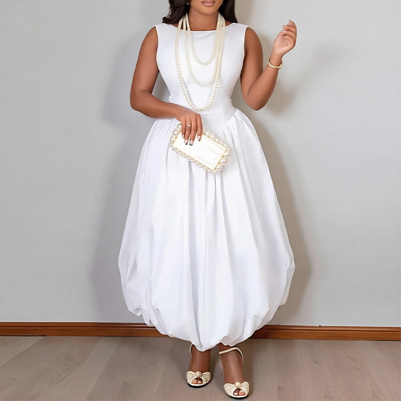 Women Fashion Casual Solid Color Splicing Sleeveless Bud Dress