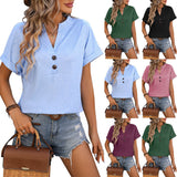 Summer V-neck Button Solid Color Cotton Loose Short-sleeved T-shirt Women