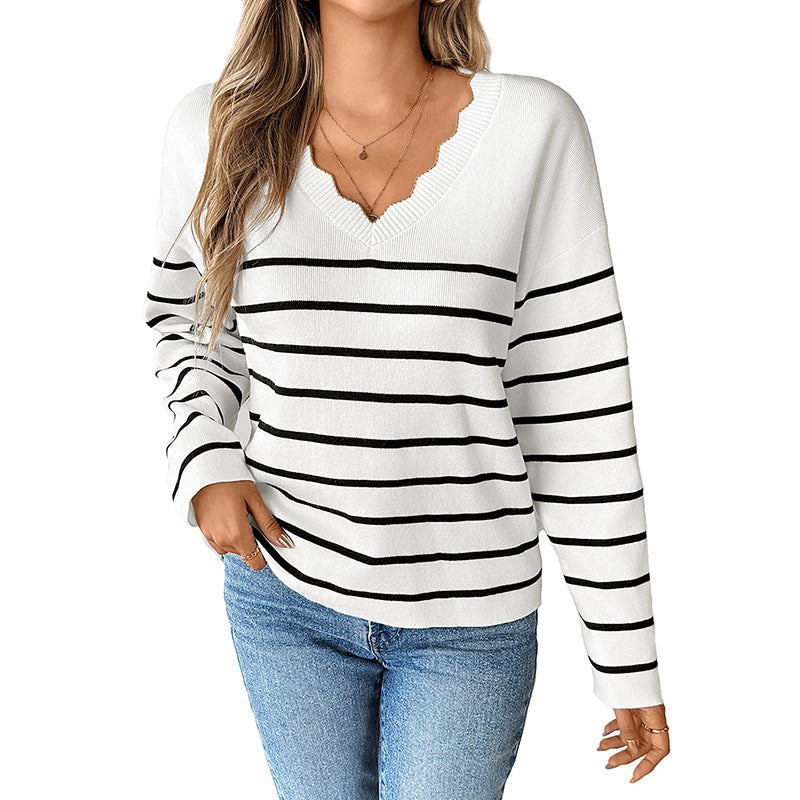 Pullover Knitted Sweater V-Neck Long Sleeve Striped Sweater