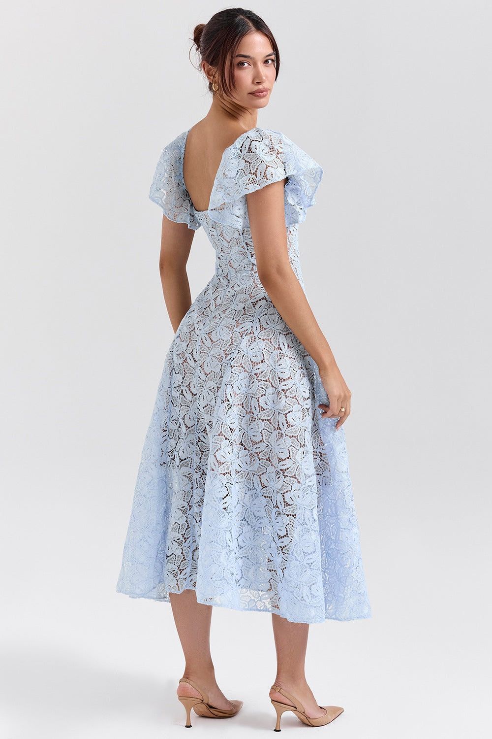 Women Lace High Waist Skinny V-Neck Sexy Short Sleeve Long Dress