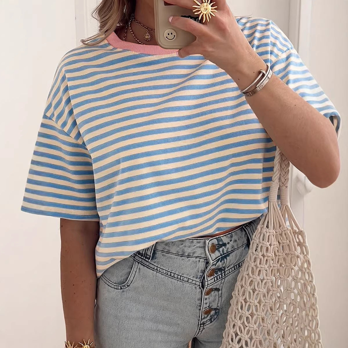 Sky Blue Stripe Contrast Crew Neck Drop Shoulder Loose Tee