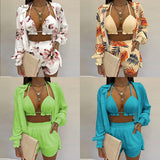 Women Sexy Beach Resort Style Print Shorts Three-piece Set