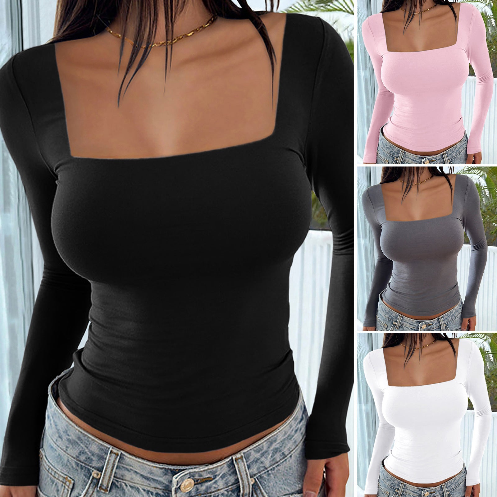 Y2K Square Neck Long-sleeved Pullover Top Women