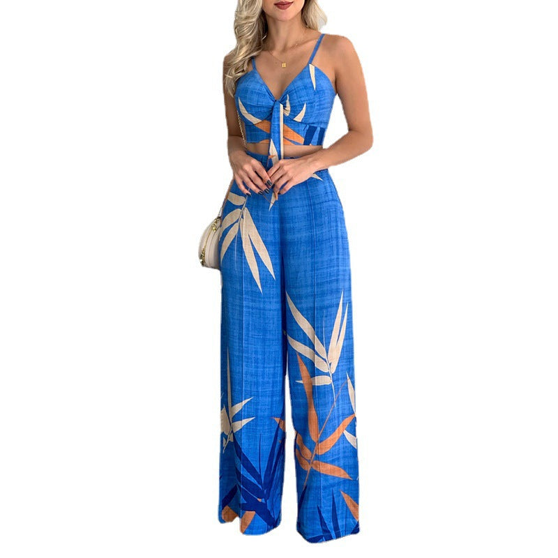 Sexy V-Neck Printed Tank Top Wide Leg Pants Set
